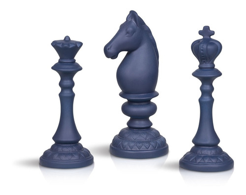 Trio De Xadrez Decorativo Rei Rainha Cavalo Azul Fosco